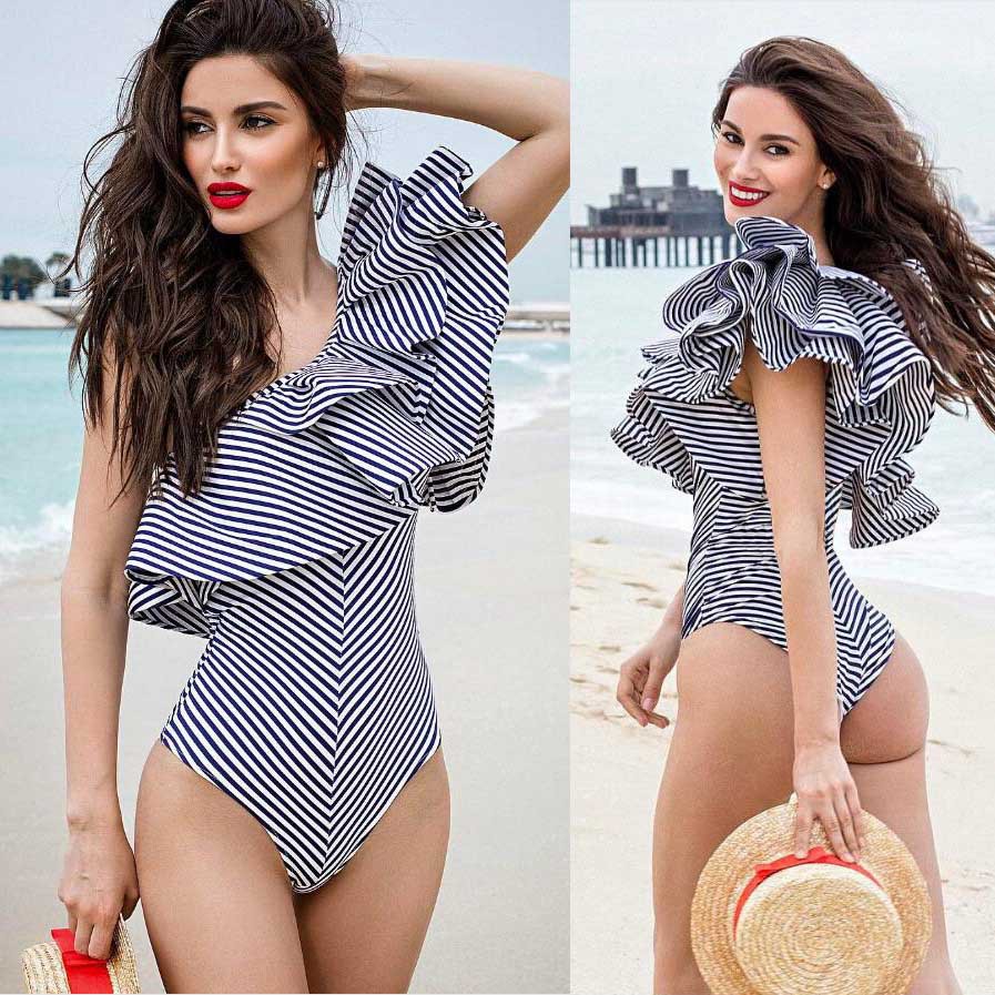 one shoulder striped swimsuit