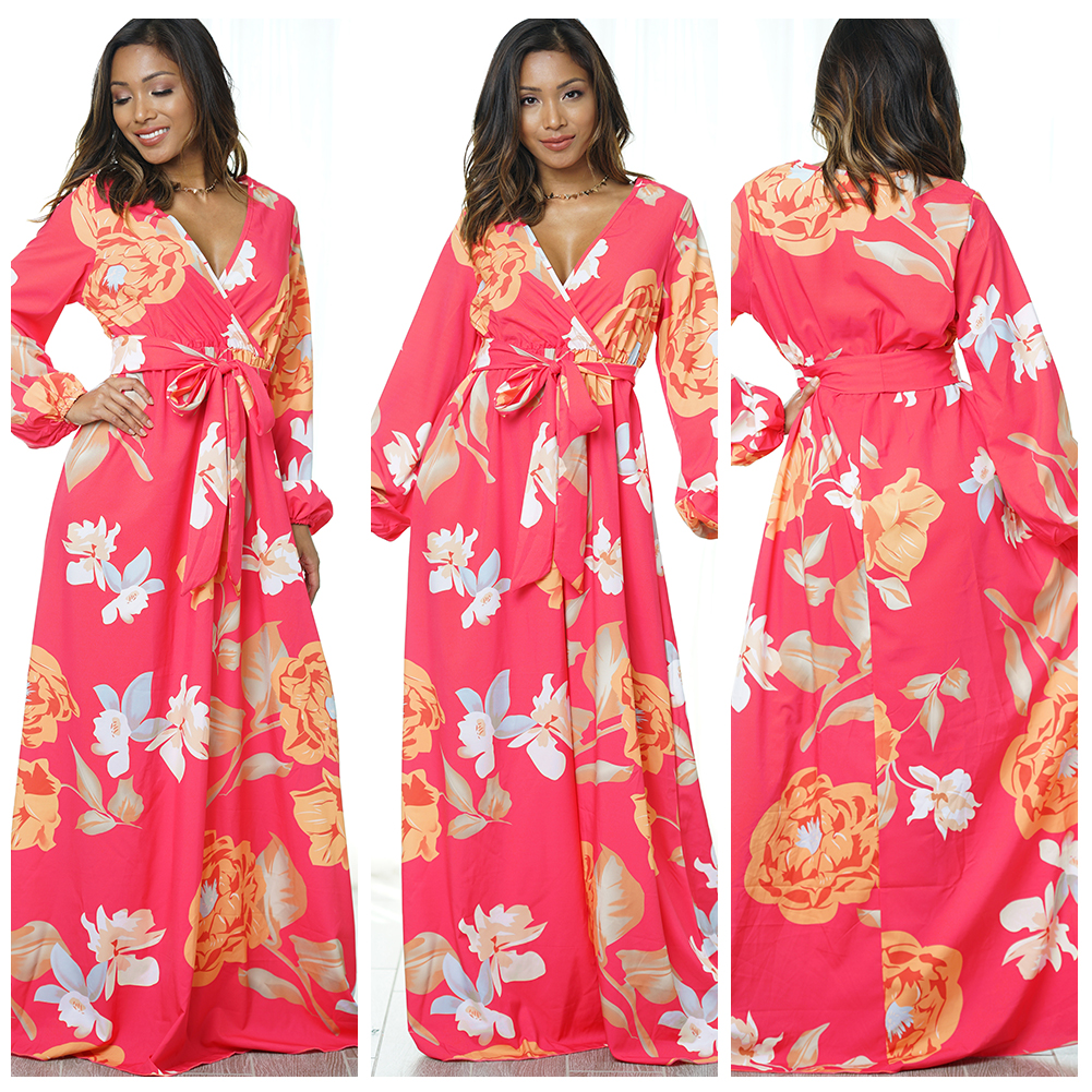 long sleeve floral wrap maxi dress