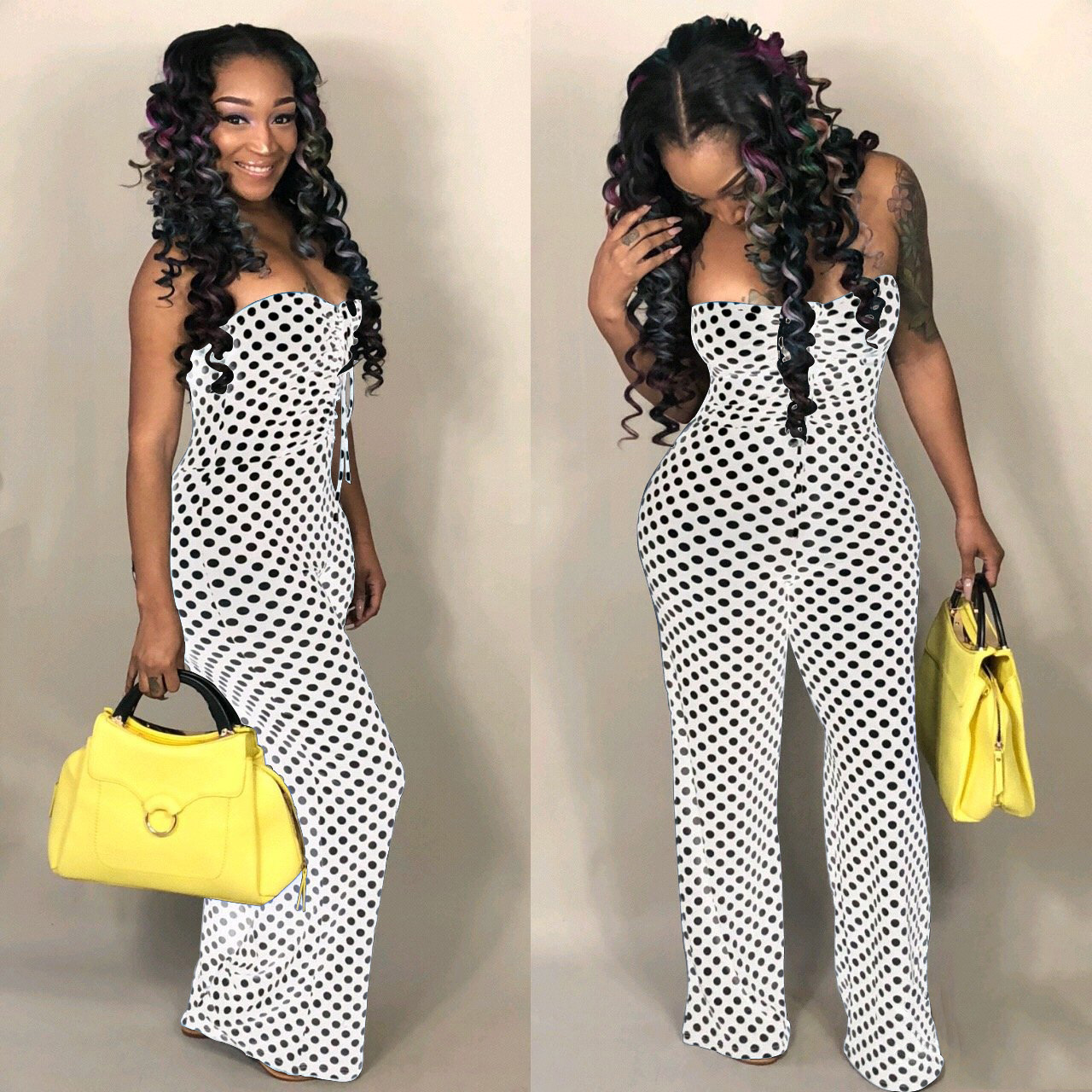 strapless polka dot jumpsuit