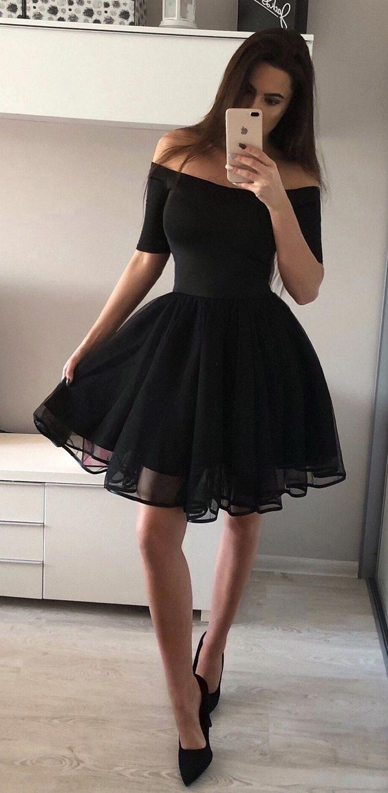 off shoulder black short dress