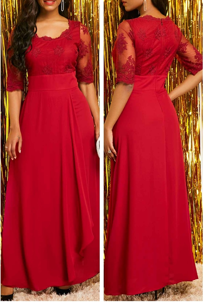 Wholesale Lace Upper Red Maxi Dress With Half Sleeves Global Lover