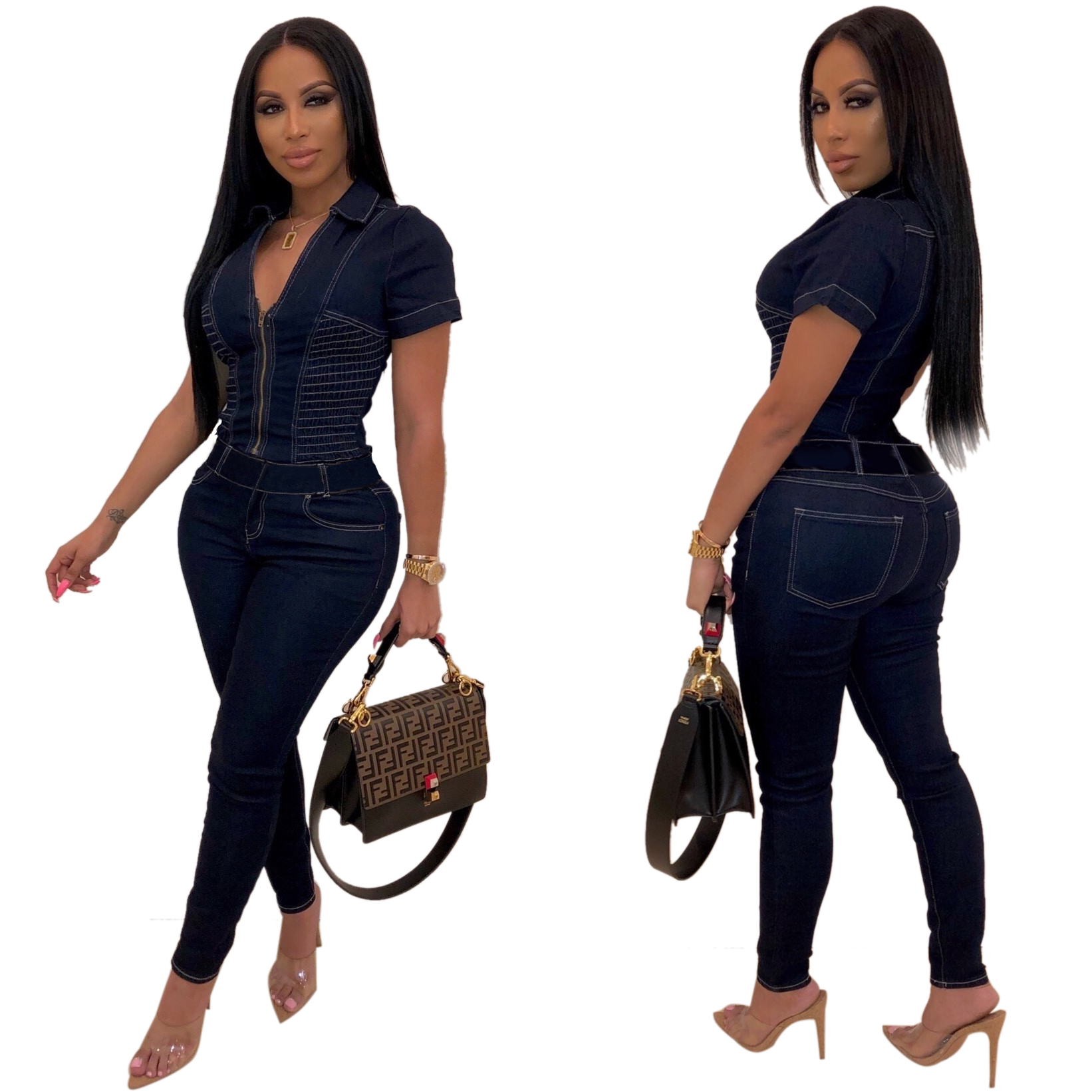 dark blue denim jumpsuit