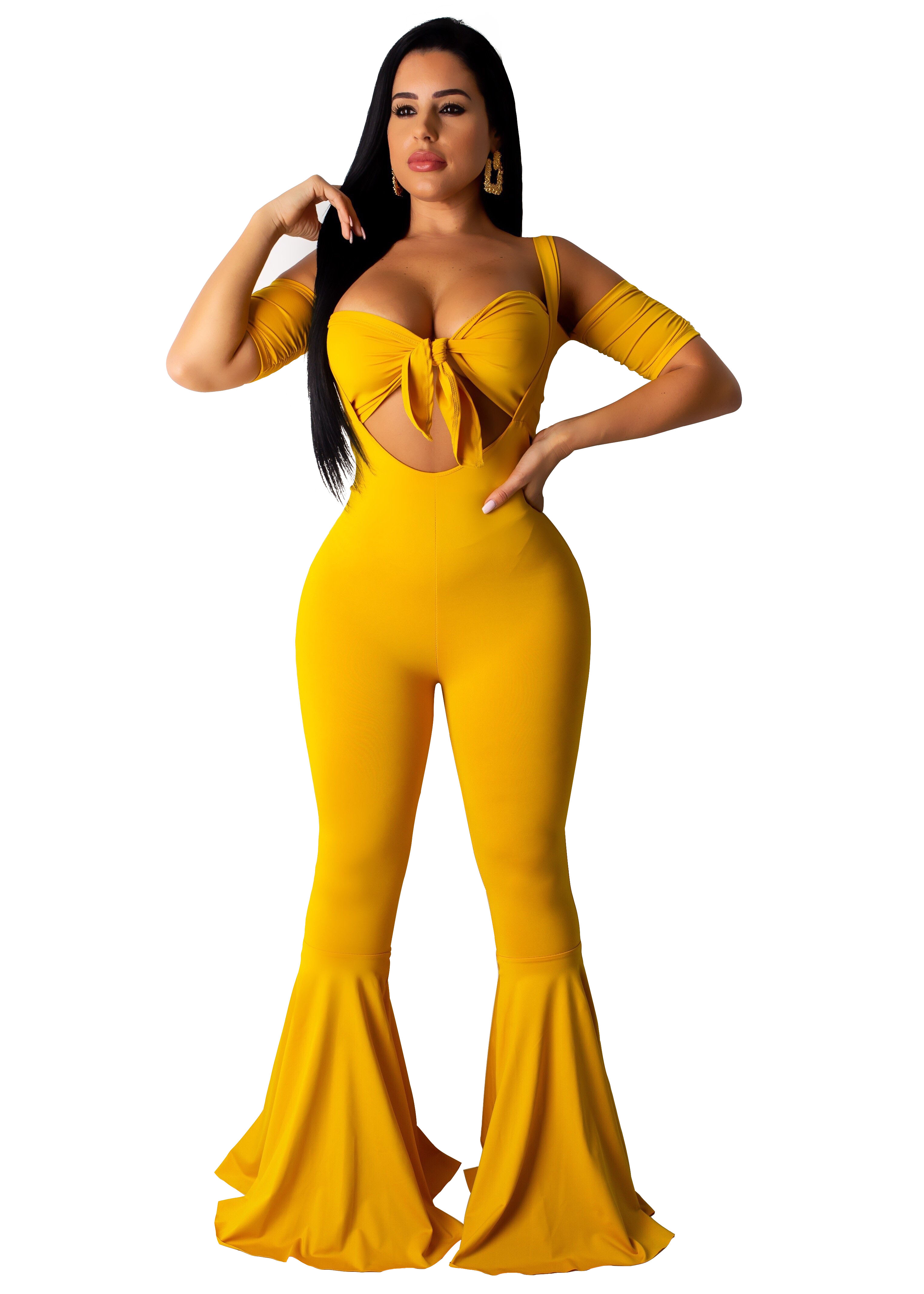 fashion pure colour bell sleeve jumpsuits