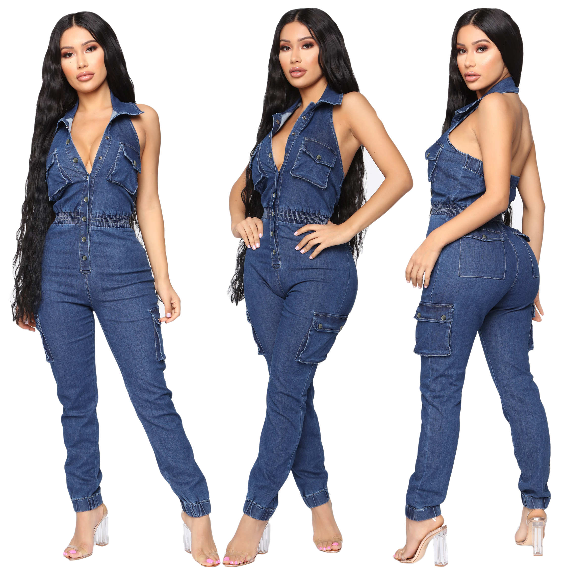 halter denim jumpsuit