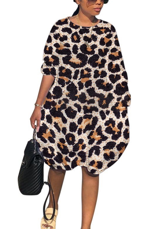 Groothandel Print Leopard O Hals Hippie Jurk Met Lange Mouwen