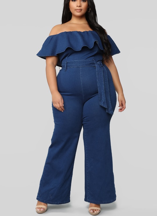 denim jumpsuit off shoulder