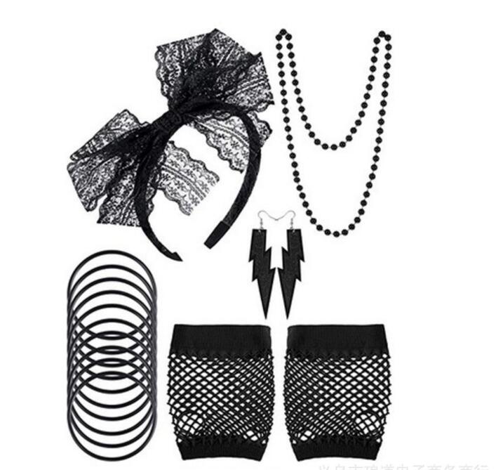 80s Lace Headband Earrings Fishnet Gloves Necklace Bracelet for 80s Party