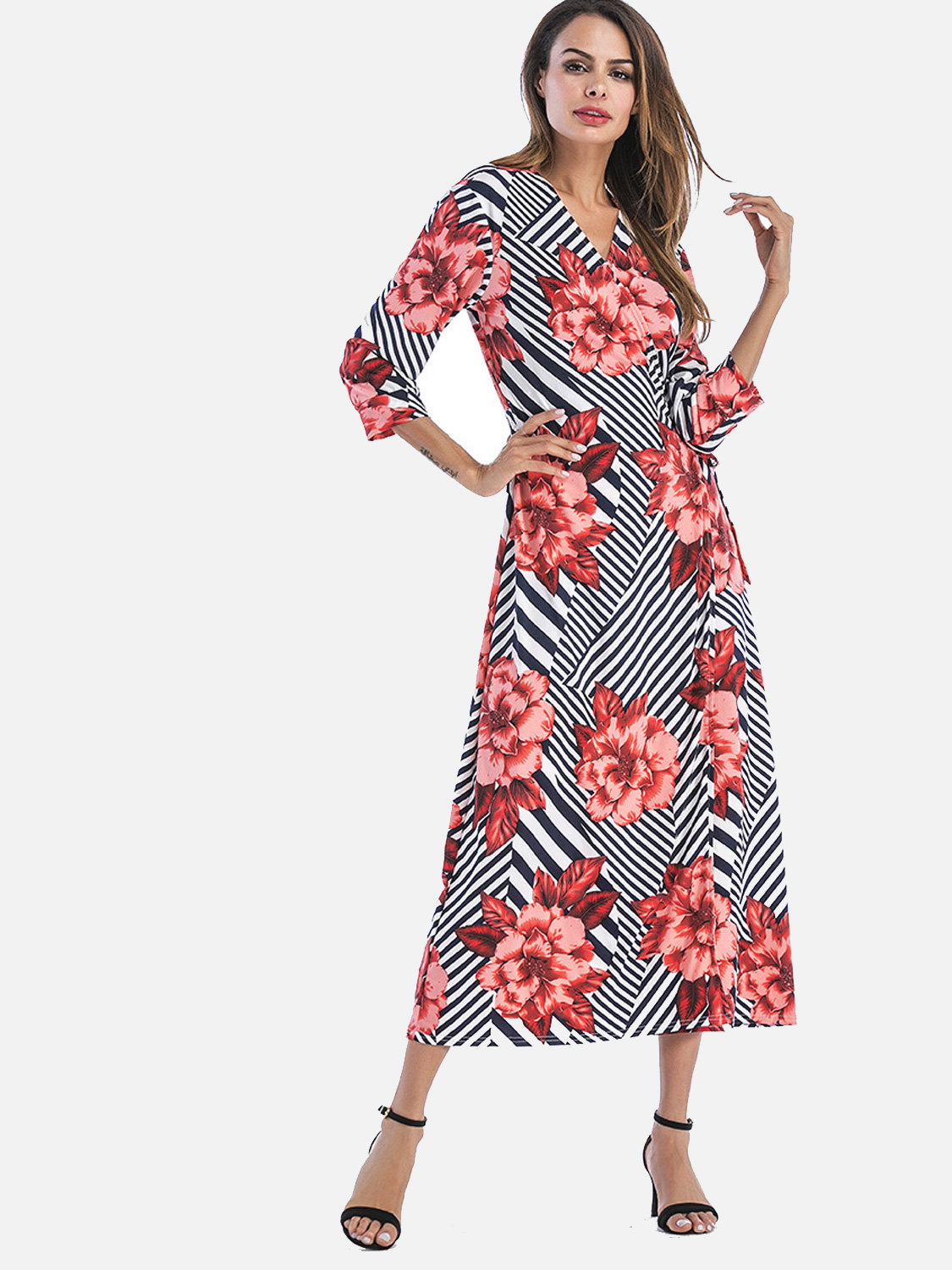 Us 40 Y Cross V Neck Bohemia Beach Dress Striped Flowers Print Us 40 Y Cross V Neck Bohemia Beach Dress Striped Flowers Print Women Loose Www Onebling