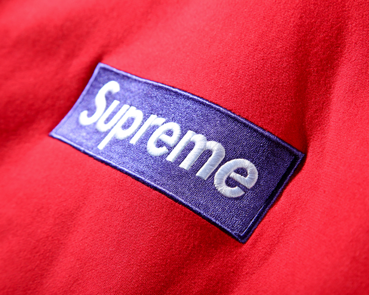 purple on red box logo hoodie