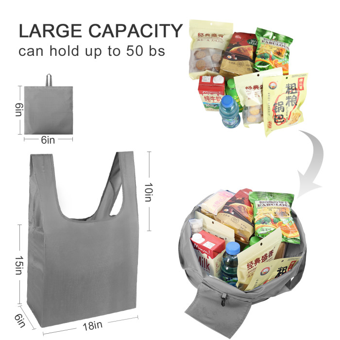 Free shipping Grocery Bags Reusable Foldable 5 Pack Shopping Bags Ripstop Polyester Reusable Shopping Bags,Washable, Durable and Lightweight - grey