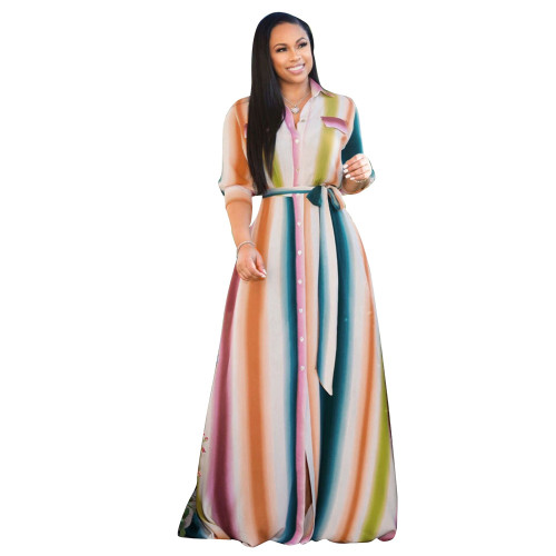 2019 Women Rainbow Colorful Three Quarter Sleeve Button Up Floor