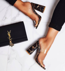 High-heeled leopard-print thick-heeled sandals transparent women's shoes