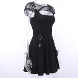 Punk-style ladies'dress with dark-black net yarn and air-permeable splicing dress