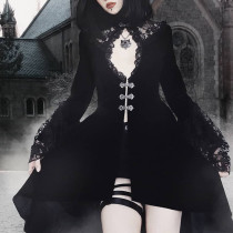 French dark court style retro autumn and winter dress Gothic elegant lace long sleeve Lantern Sleeve Dress