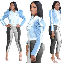 Bubble sleeve stitching collision fashion jeans jacket