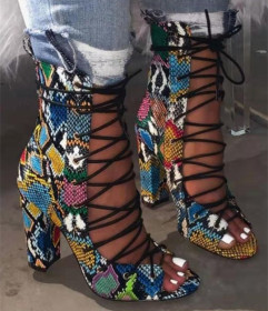 Sexy color Snake pattern thick high heel cross strap cut out sandals