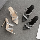Luxury large water drill pointed slippers thin high heel women's large shoes