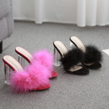 Clear crystal heel plush slippers sexy oversized sandals