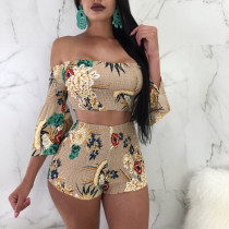Fashion print one shoulder flare sleeve two piece set