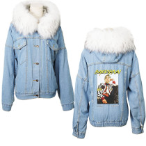Kpop SUPER M LEE TAEMIN BAEK HYUN KAI Hooded Denim Jacket Large Fur Collar Plus Velvet Cotton Coat