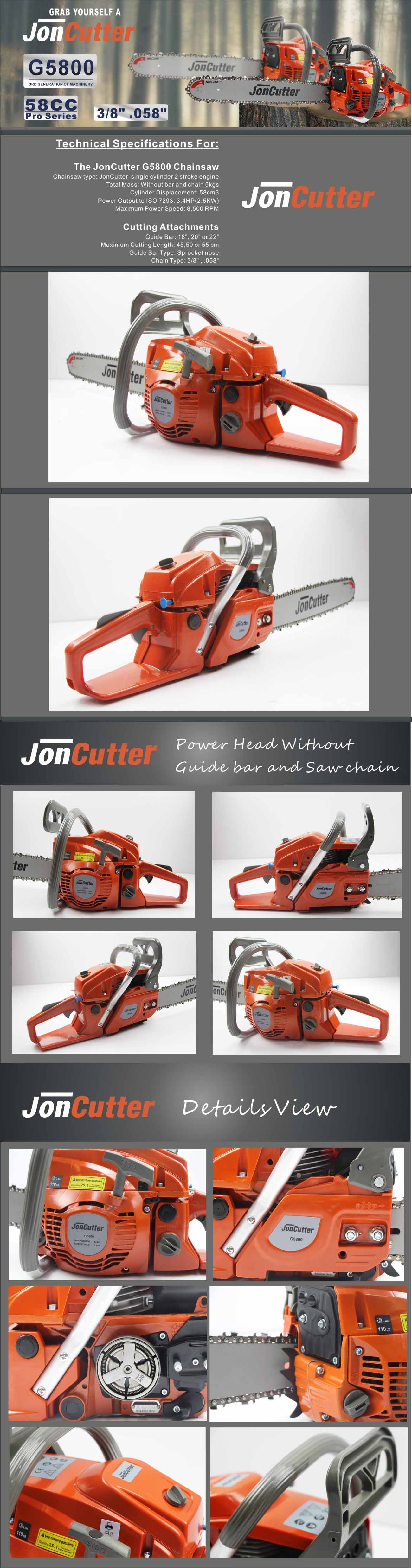 58cc JonCutter Gasoline Chainsaw Power Head 20 Inch Bar//Chain Included Wagners