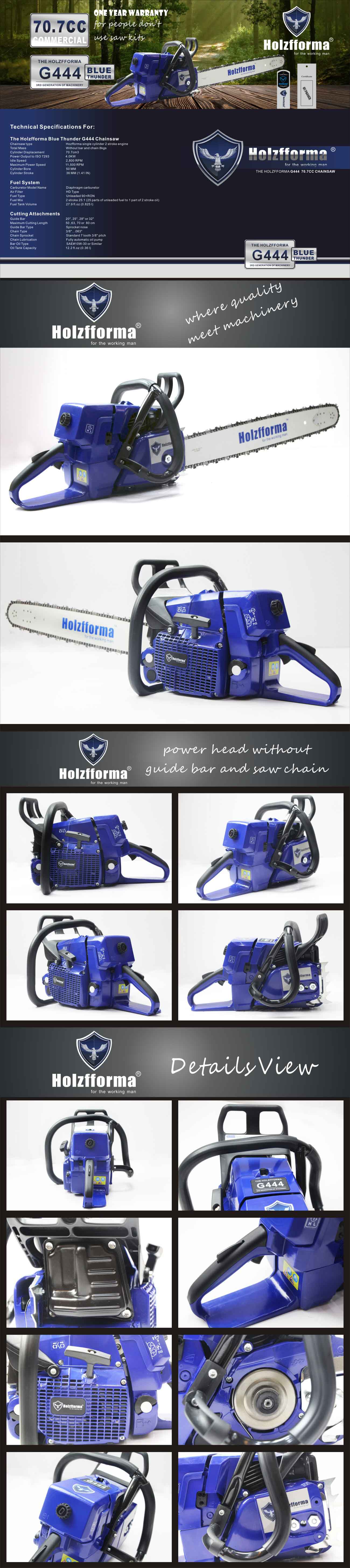 71cc Holzfforma Blue Thunder G444 Gasoline Chain Saw Power Head Without Guide Bar And Chain Top Quality By Farmertec One Year Warranty All Parts Are