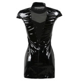 Faux Leather High Neck Zipper Front Gothic Dress 1220