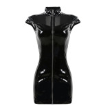 Faux Leather High Neck Zipper Front Gothic Dress 1220