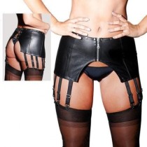 Zipper Front Black Faux Leather Garter With G-string