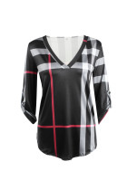 Black Plaid Stripes V Neck Shirt 0074