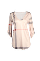 Pink Plaid Stripes V Neck Shirt 0074