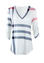 White Plaid Stripes V Neck Shirt 0074