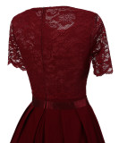 Wine Red Short Sleeve Floral Lace Vintage Dress 1557