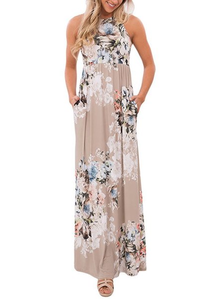 Floral Print Sleeveless Floor Length Boho Dress 0514