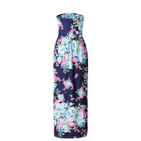 Floral Print Strapless Maxi Boho Dress Blue 0454
