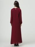 Plus Size Muslim Lace Insert Maxi Long Sleeve Dress Wine Red 9040