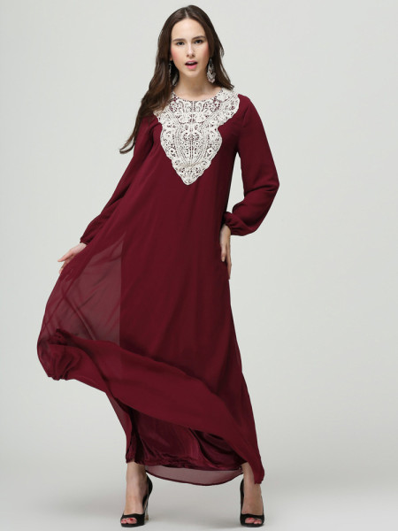 Plus Size Muslim Lace Insert Maxi Long Sleeve Dress Wine Red 9040