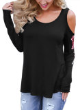 Women Cold Shoulder Rose Embroidered Long Sleeve Loose T- Shirt 092