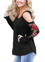 Women Cold Shoulder Rose Embroidered Long Sleeve Loose T- Shirt 092