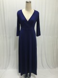 Women V-Neck 3/4 Sleeve Plus Size Evening Party Maxi Dress Blue 1112