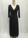 Women V-Neck 3/4 Sleeve Plus Size Evening Party Maxi Dress Black 1112