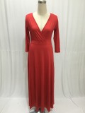 Women's Solid V-Neck 3/4 Sleeve Plus Size Evening Party Maxi Dress 1112