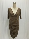 Womens Plus Size Deep V Neck Wrap Ruched Waisted Bodycon Dress 2139