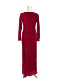 Velvet Long Sleeve High Slit Evening Dress Wine Red 702