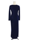 Velvet Long Sleeve High Slit Evening Dress Blue 702