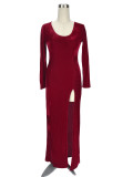 Velvet Long Sleeve High Slit Evening Dress Wine Red 702