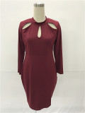 Long Sleeve Cut Out Bodycon Party Dress Wine Red 3402