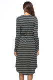 Women's Stripe Elastic Waist Pocket Long Sleeve Loose Midi Dress 101