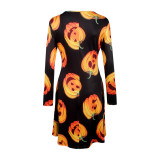 Black And Orange Pumpkin Print Long Sleeve Shift Dress 0150