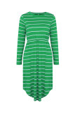 Women's Stripe Elastic Waist Pocket Long Sleeve Loose Midi Dress Green 101